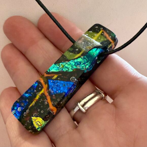 Artisan Handcrafted Dichroic Glass Rectangular Pendant - Picture 1 of 10